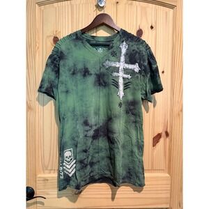 Affliction Mens XL Green Tie Dye V-Neck T-Shirt Winged Skull Cross Graphic MMA